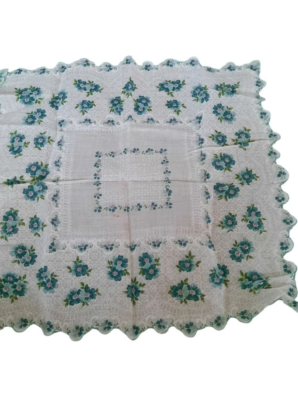 Embroidered Floral Rectangular Handkerchief with Teal Blooms